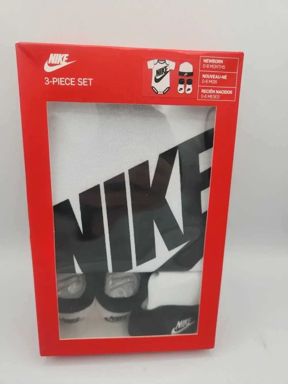 Nike Baby 3 Piece Set White and Black Bodysuit Booties Hat - SIZE 0-6 Months
